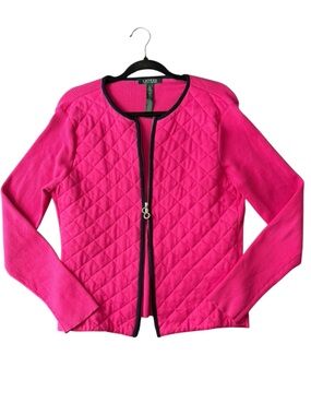 Lauren Ralph Lauren Quilted Jacket Pink Zip Front Knit Hybrid Preppy Equestrian